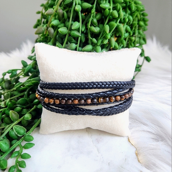 New Ryze Men's Black Vegan Leather  Tigers Eye Accent Stone Wrap Bracelet - Picture 2 of 8
